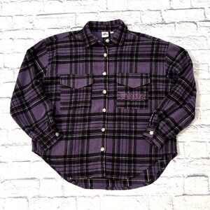 Marvel Black Panther Long Sleeve Button Down Shirt Purple Black Plaid Size Large